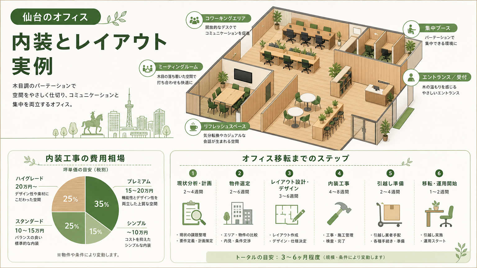 仙台でオフィスを構える際の内装・レイアウトの実例